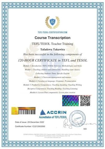 TEFL/TESOL course transcript